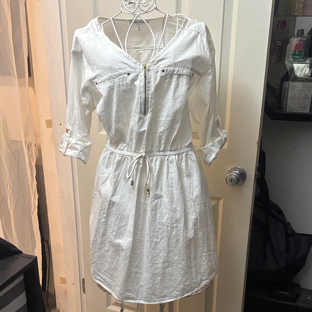 White Casual Sundress with Cuffed 3/4 Sleeves
